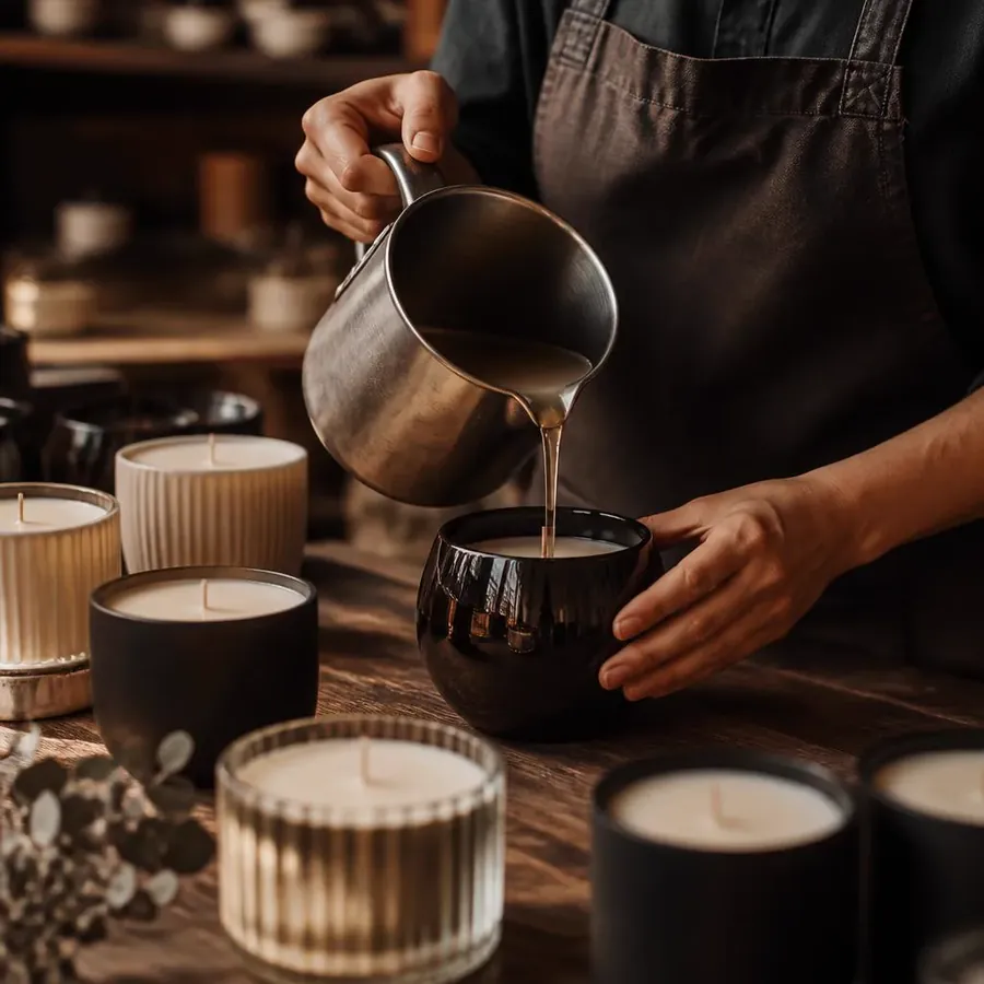 Artisan pouring candle wax in a warm, premium candle workshop