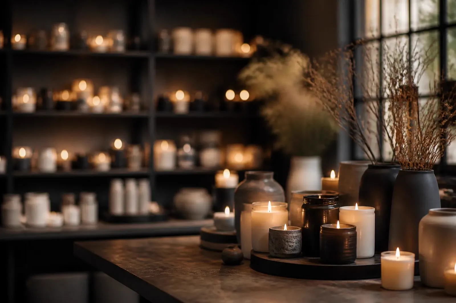 A warm candle studio with blurred shelves of glowing candles