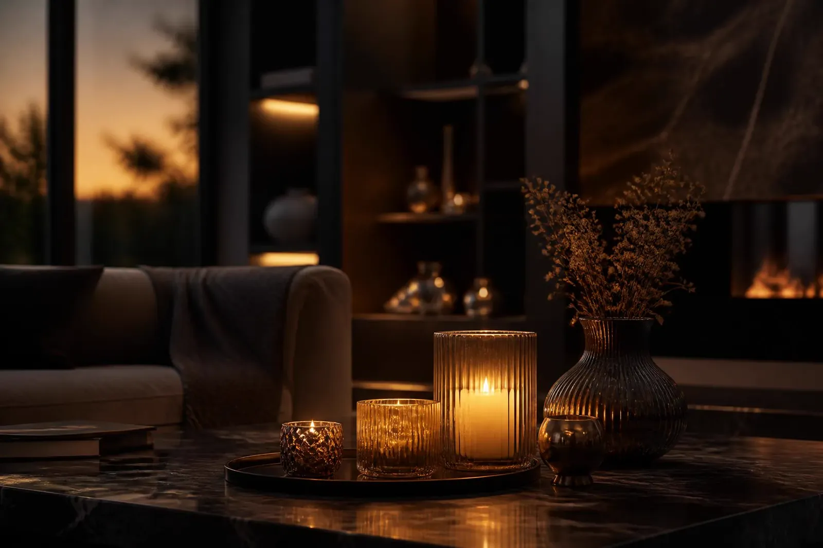 Luxury candles glowing in an elegant living room at dusk